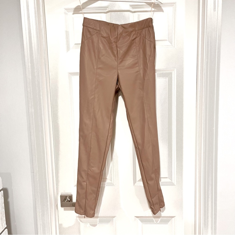 High Waisted Tan Leather Pants - IN THE STYLE - 4
